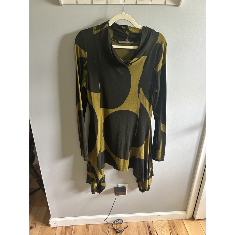 Alembika Womens Cowl Neck Sharkbite Hem Tunic Top Olive‎ Green Black Sz 3